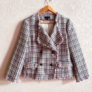 Ann Taylor Tweed Blazer Lined Green Pink Double Breasted Sz 8 Classic Business